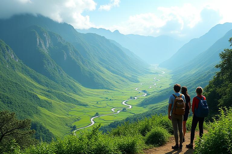Voyageurs admirant un paysage verdoyant, symbole de l'écotourisme.