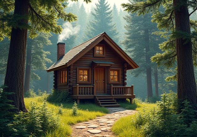 Cabane en bois chaleureuse au milieu d'une forêt.